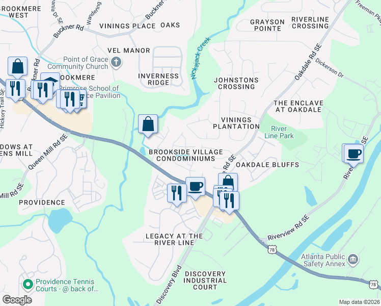 map of restaurants, bars, coffee shops, grocery stores, and more near 1456 Ridgebend Way Southeast in Mableton