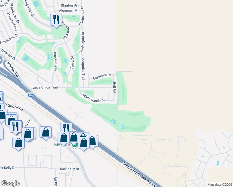 map of restaurants, bars, coffee shops, grocery stores, and more near 33915 Bell Road in Thousand Palms