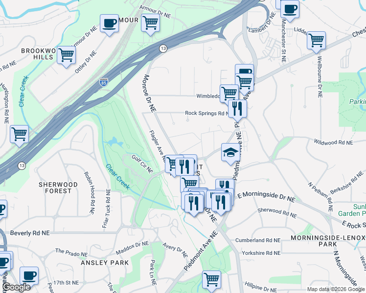 map of restaurants, bars, coffee shops, grocery stores, and more near 505 Allen Road Northeast in Atlanta