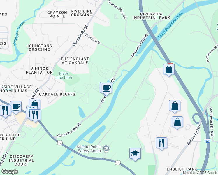 map of restaurants, bars, coffee shops, grocery stores, and more near 6025 Riverview Road Southeast in Mableton
