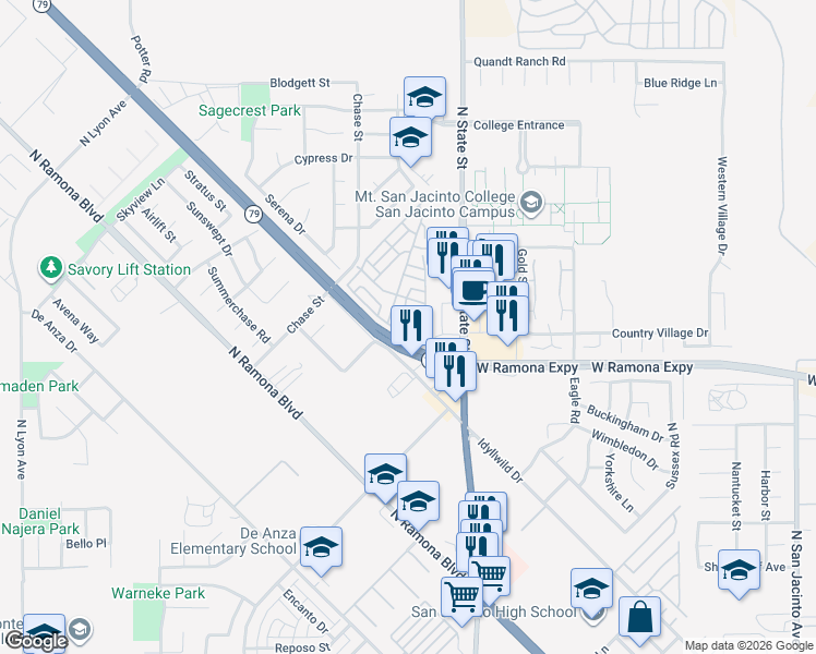 map of restaurants, bars, coffee shops, grocery stores, and more near 846 Birch Drive in San Jacinto