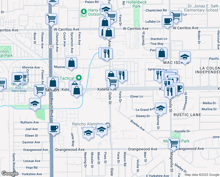 map of restaurants, bars, coffee shops, grocery stores, and more near 12101 Dale Avenue in Stanton