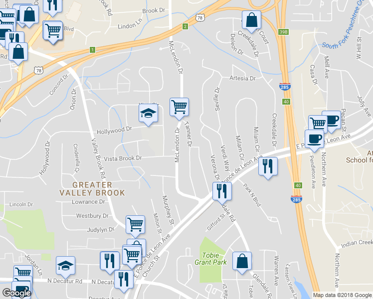 map of restaurants, bars, coffee shops, grocery stores, and more near 856 Tanner Drive in Scottdale