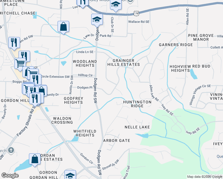 map of restaurants, bars, coffee shops, grocery stores, and more near 6111 Venetian Way Southwest in Mableton