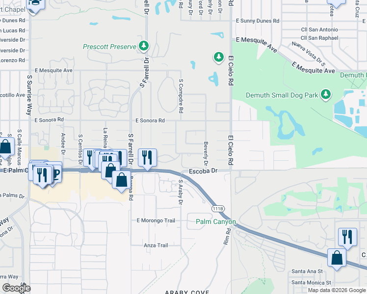 map of restaurants, bars, coffee shops, grocery stores, and more near 2915 Guadalupe Road in Palm Springs