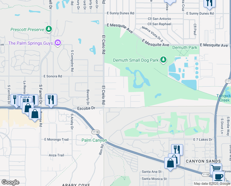 map of restaurants, bars, coffee shops, grocery stores, and more near 3534 Las Pampas Way in Palm Springs