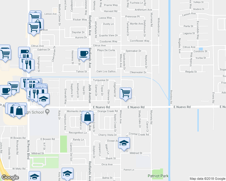 map of restaurants, bars, coffee shops, grocery stores, and more near 1706 Edgefield Street in Perris