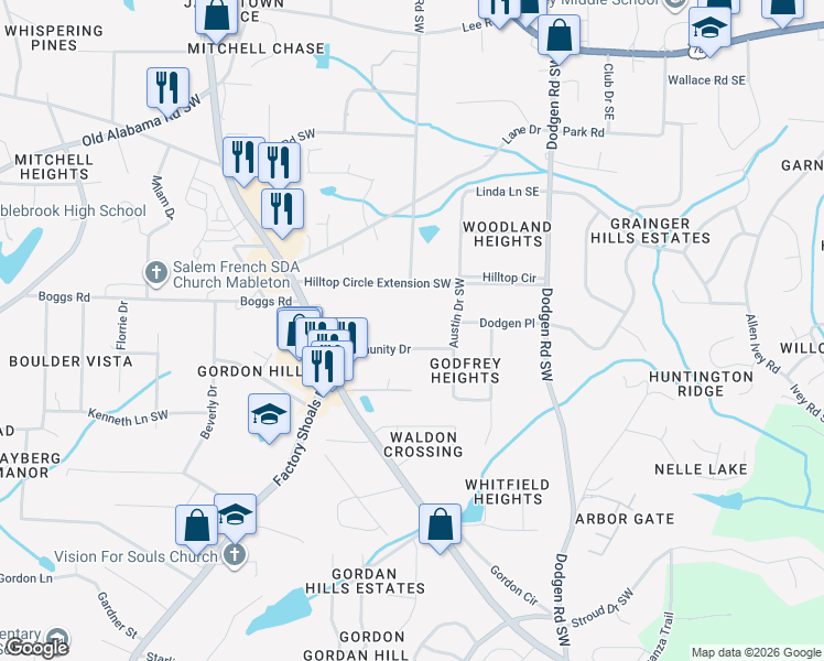 map of restaurants, bars, coffee shops, grocery stores, and more near 330 Community Drive in Mableton