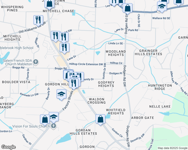 map of restaurants, bars, coffee shops, grocery stores, and more near 330 Community Drive in Mableton