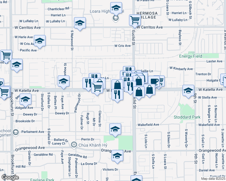 map of restaurants, bars, coffee shops, grocery stores, and more near Katella Avenue & Dino Circle in Garden Grove