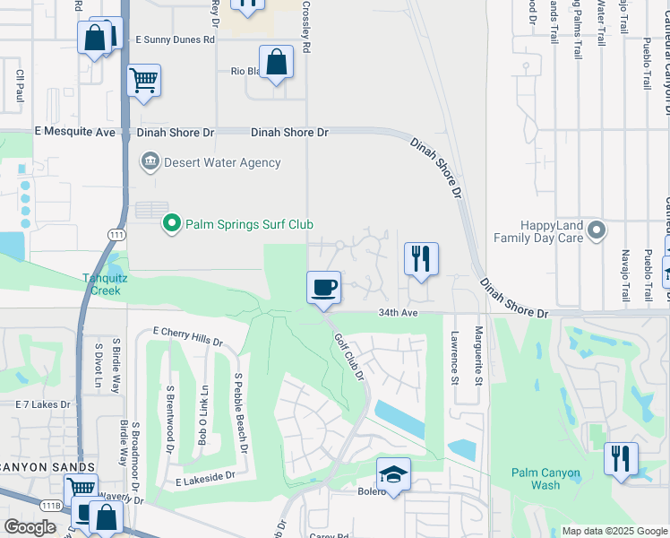 map of restaurants, bars, coffee shops, grocery stores, and more near 5943 Paradise Plaza in Palm Springs