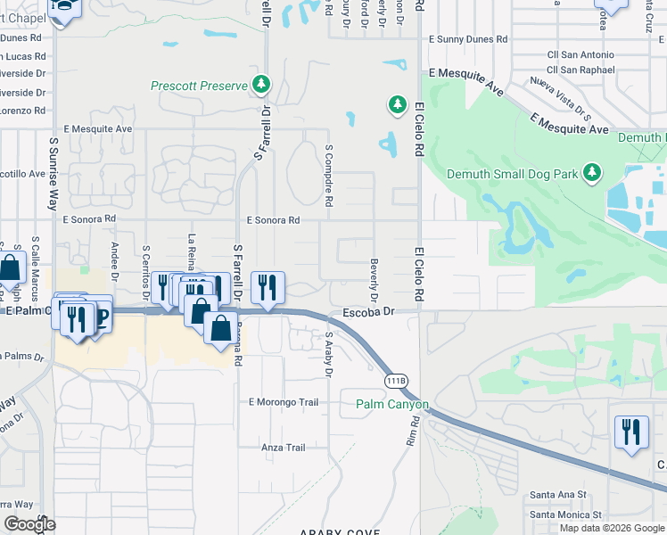 map of restaurants, bars, coffee shops, grocery stores, and more near 1592 South Compadre Road in Palm Springs
