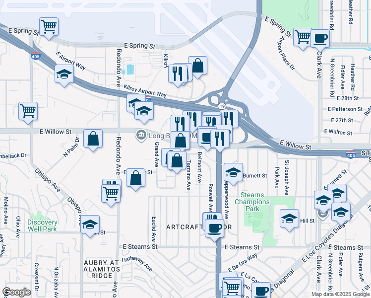 map of restaurants, bars, coffee shops, grocery stores, and more near 2520 Mira Mar Avenue in Long Beach