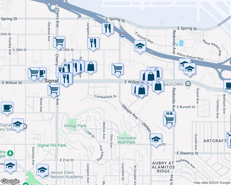 map of restaurants, bars, coffee shops, grocery stores, and more near 2501 Temple Avenue in Signal Hill