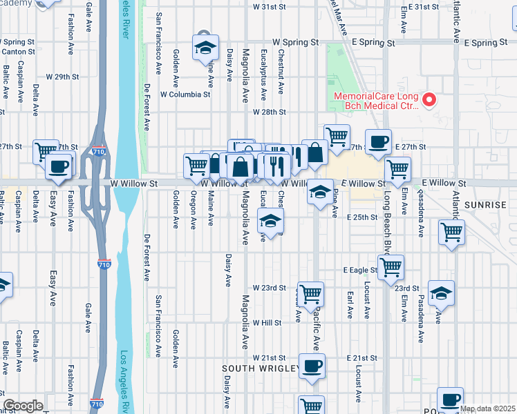 map of restaurants, bars, coffee shops, grocery stores, and more near 2489 Eucalyptus Avenue in Long Beach