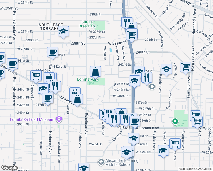 map of restaurants, bars, coffee shops, grocery stores, and more near 1844 West 244th Street in Torrance