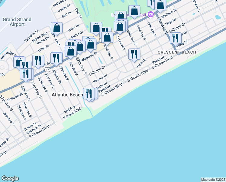 map of restaurants, bars, coffee shops, grocery stores, and more near 2409 South Ocean Boulevard in North Myrtle Beach