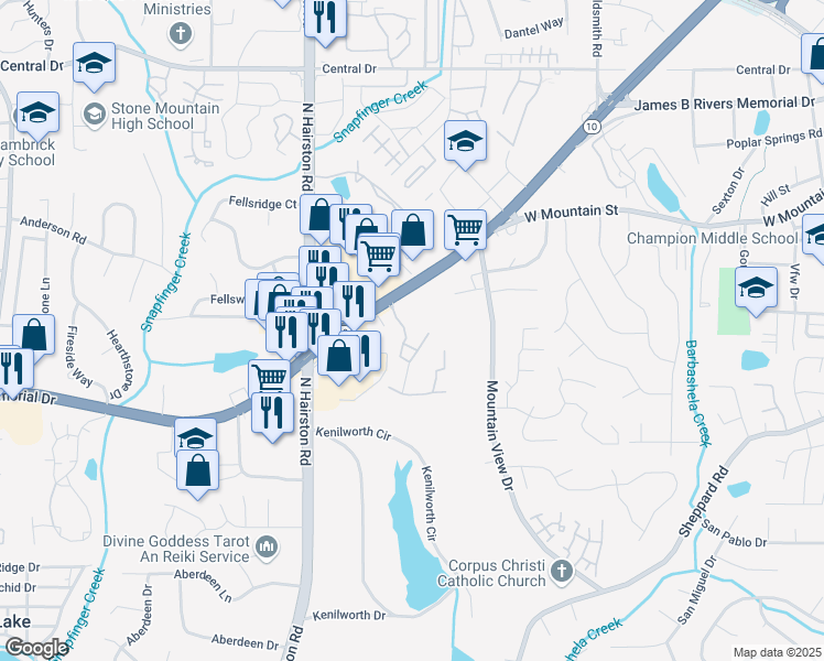 map of restaurants, bars, coffee shops, grocery stores, and more near 616 Wildwood Glen in Stone Mountain