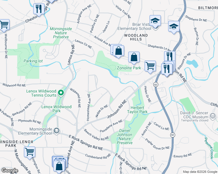 map of restaurants, bars, coffee shops, grocery stores, and more near 1751 Meadowdale Avenue Northeast in Atlanta
