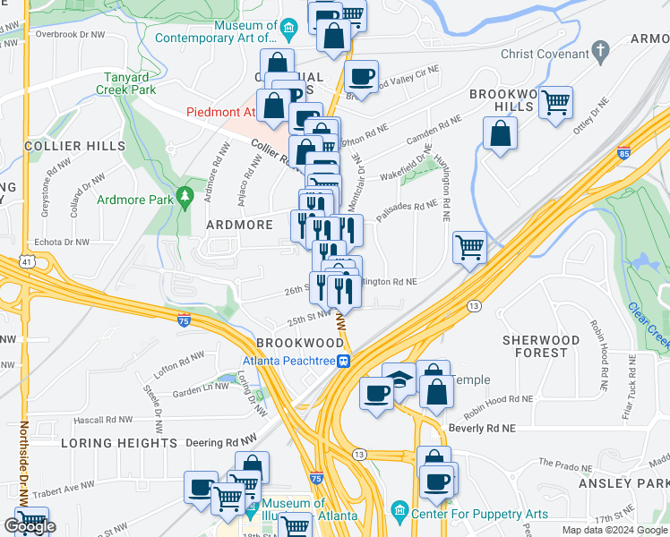 map of restaurants, bars, coffee shops, grocery stores, and more near in Atlanta