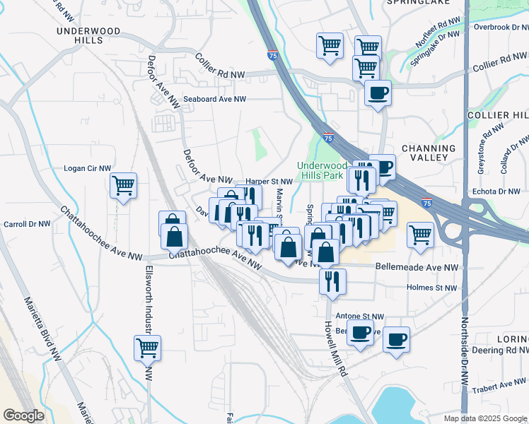map of restaurants, bars, coffee shops, grocery stores, and more near 1727 Defoor Avenue Northwest in Atlanta