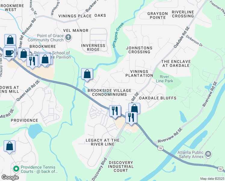 map of restaurants, bars, coffee shops, grocery stores, and more near 1456 Ridgebend Way Southeast in Mableton