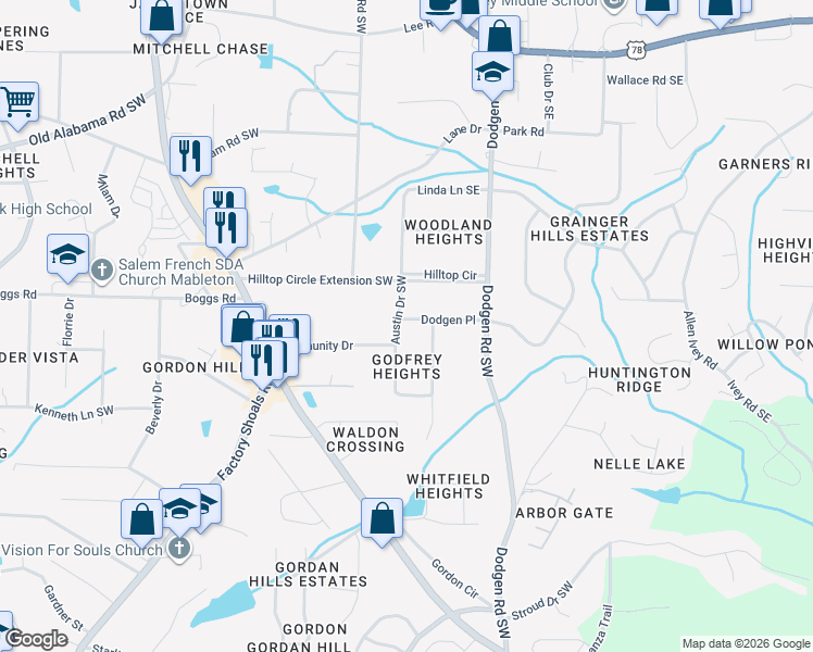 map of restaurants, bars, coffee shops, grocery stores, and more near 6185 Austin Drive Southwest in Mableton