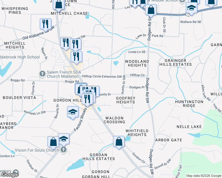 map of restaurants, bars, coffee shops, grocery stores, and more near 330 Community Drive in Mableton