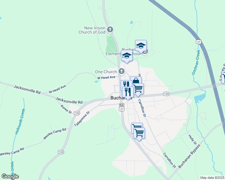 map of restaurants, bars, coffee shops, grocery stores, and more near in Buchanan