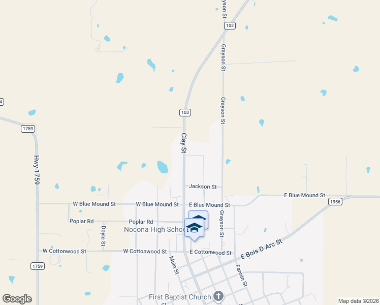 map of restaurants, bars, coffee shops, grocery stores, and more near 1222 Clay Street in Nocona