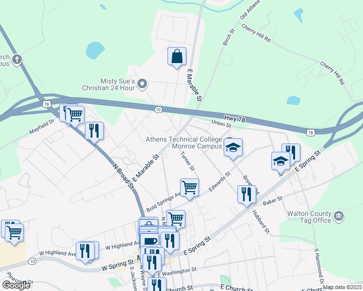 map of restaurants, bars, coffee shops, grocery stores, and more near 332 Turner Street in Monroe