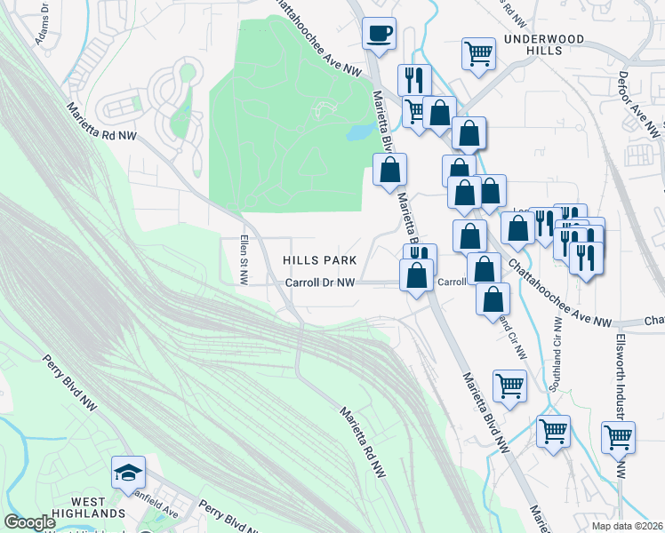 map of restaurants, bars, coffee shops, grocery stores, and more near 1752 Wenlock Street Northwest in Atlanta