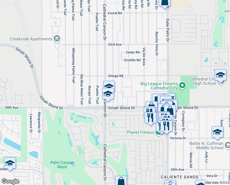 map of restaurants, bars, coffee shops, grocery stores, and more near 33800 Wishing Well Trail in Cathedral City
