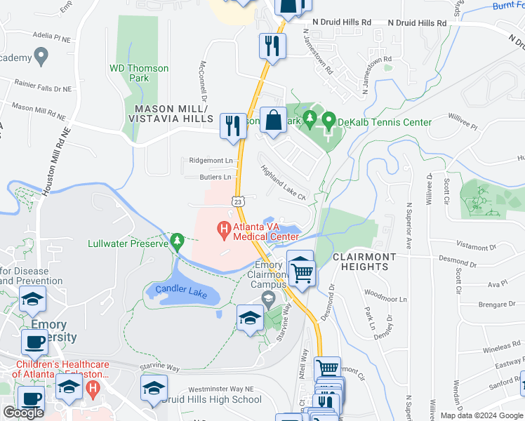 map of restaurants, bars, coffee shops, grocery stores, and more near 2400 Clairmont Lake in Decatur