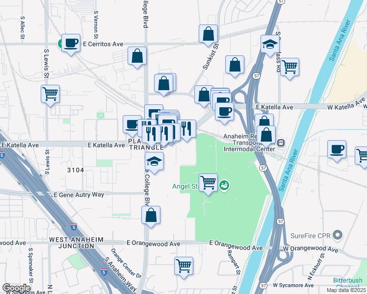map of restaurants, bars, coffee shops, grocery stores, and more near 2200 East Katella Avenue in Anaheim