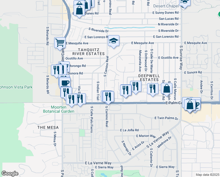 map of restaurants, bars, coffee shops, grocery stores, and more near 1490 South Camino Real in Palm Springs
