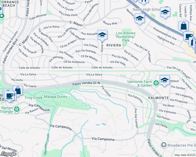 map of restaurants, bars, coffee shops, grocery stores, and more near 3225 Palos Verdes Drive North in Palos Verdes Estates