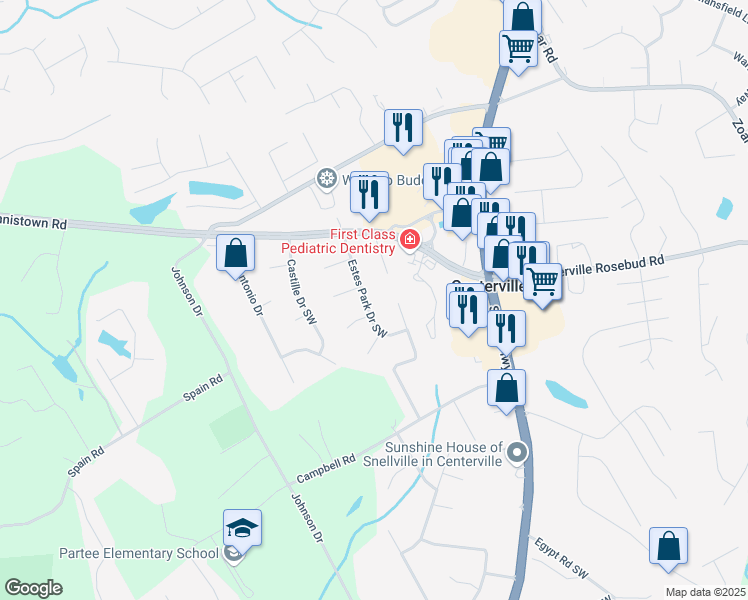map of restaurants, bars, coffee shops, grocery stores, and more near 3446 Estes Park Drive Southwest in Snellville