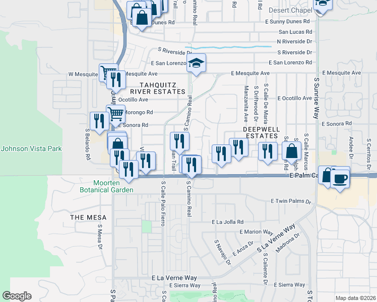 map of restaurants, bars, coffee shops, grocery stores, and more near 1620 South Indian Trail in Palm Springs