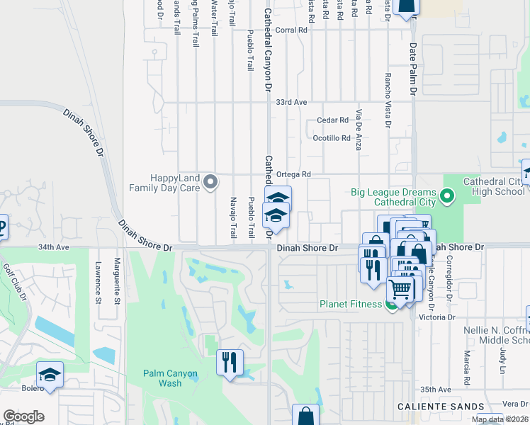 map of restaurants, bars, coffee shops, grocery stores, and more near 33765 Cathedral Canyon Drive in Cathedral City