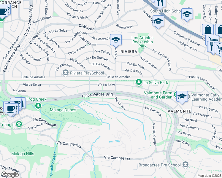 map of restaurants, bars, coffee shops, grocery stores, and more near 3225 Palos Verdes Drive North in Palos Verdes Estates