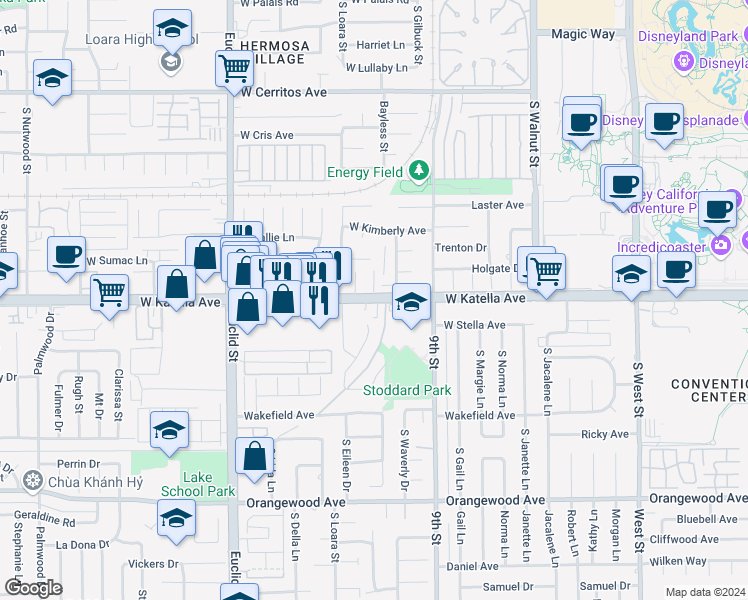 map of restaurants, bars, coffee shops, grocery stores, and more near 1556 West Katella Avenue in Anaheim