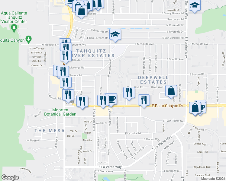 map of restaurants, bars, coffee shops, grocery stores, and more near 1470 South Camino Real in Palm Springs