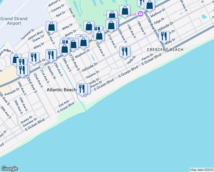 map of restaurants, bars, coffee shops, grocery stores, and more near 2409 South Ocean Boulevard in North Myrtle Beach