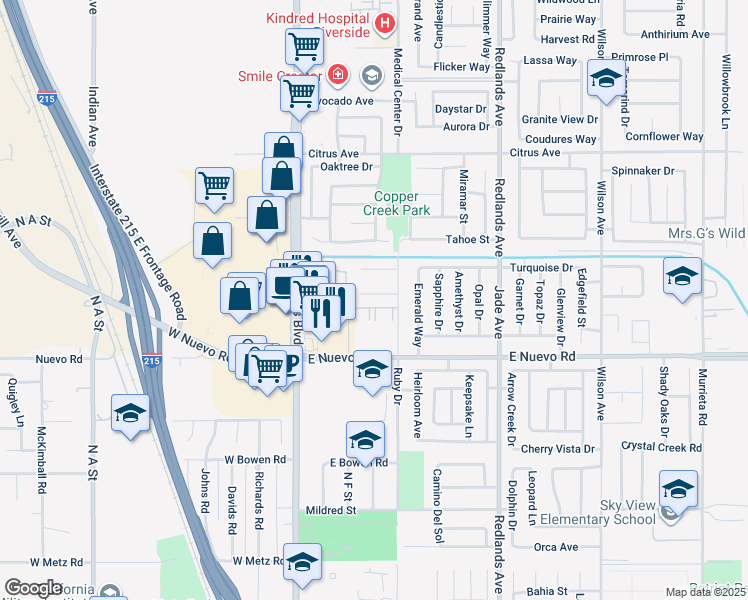 map of restaurants, bars, coffee shops, grocery stores, and more near 159 Amber Way in Perris