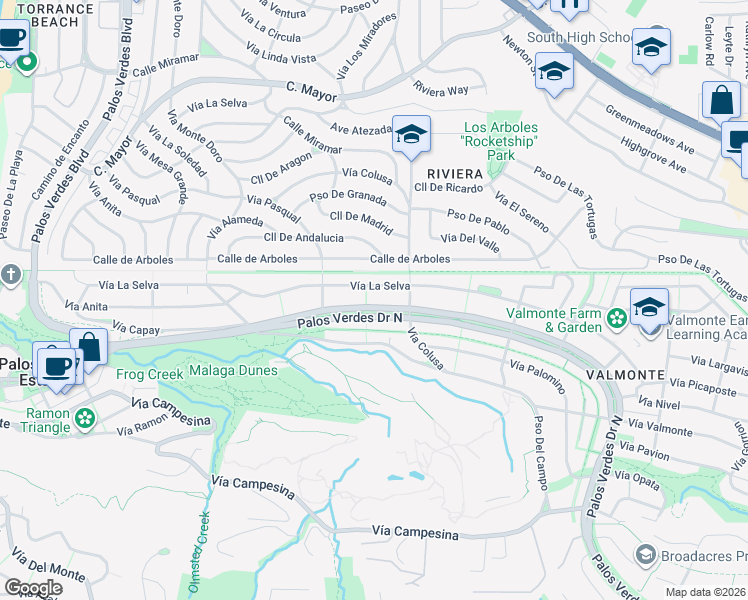 map of restaurants, bars, coffee shops, grocery stores, and more near 3205 Palos Verdes Drive North in Palos Verdes Estates