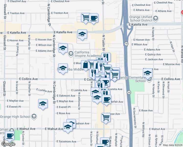map of restaurants, bars, coffee shops, grocery stores, and more near 1004 North Lincoln Street in Orange