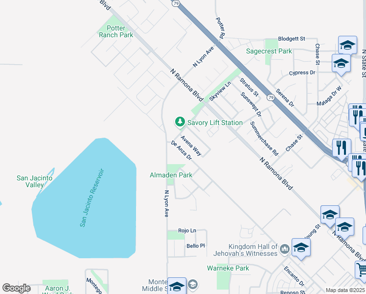 map of restaurants, bars, coffee shops, grocery stores, and more near 1481 De Anza Drive in San Jacinto