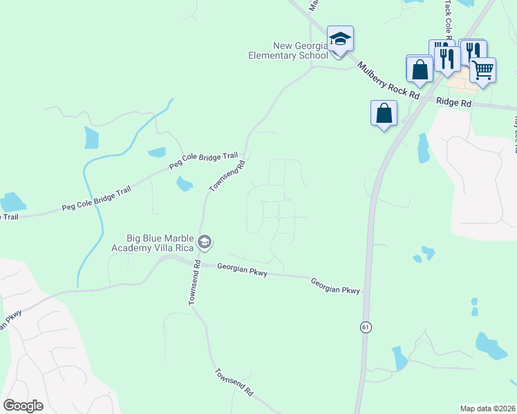 map of restaurants, bars, coffee shops, grocery stores, and more near 122 Cottontail Lane in Villa Rica