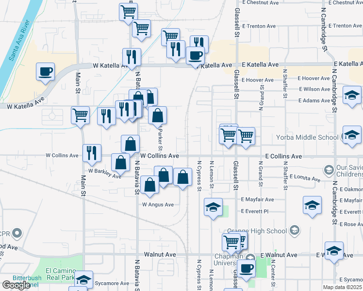 map of restaurants, bars, coffee shops, grocery stores, and more near 533 W Collins Ave in Orange